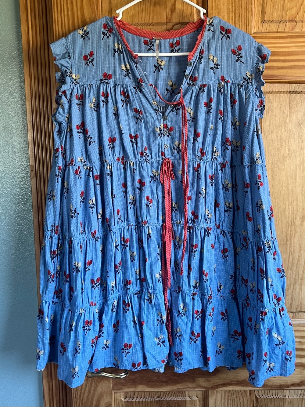 Free People Sundown Ditsy Blue Floral Tiered Mini Dress with Red Trim, Size M